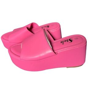 SHEIN Pink Solid Band Chunky Wedge Slide Sandals